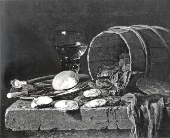 Anonimo — Luttichuijs Simon - sec. XVII - Natura morta con bicchiere römer, botte con ostriche e piatto — insieme